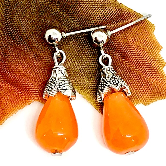 Orange Chalcedony Stone Teardrop Bali Drop Earring - Picture 3 of 5